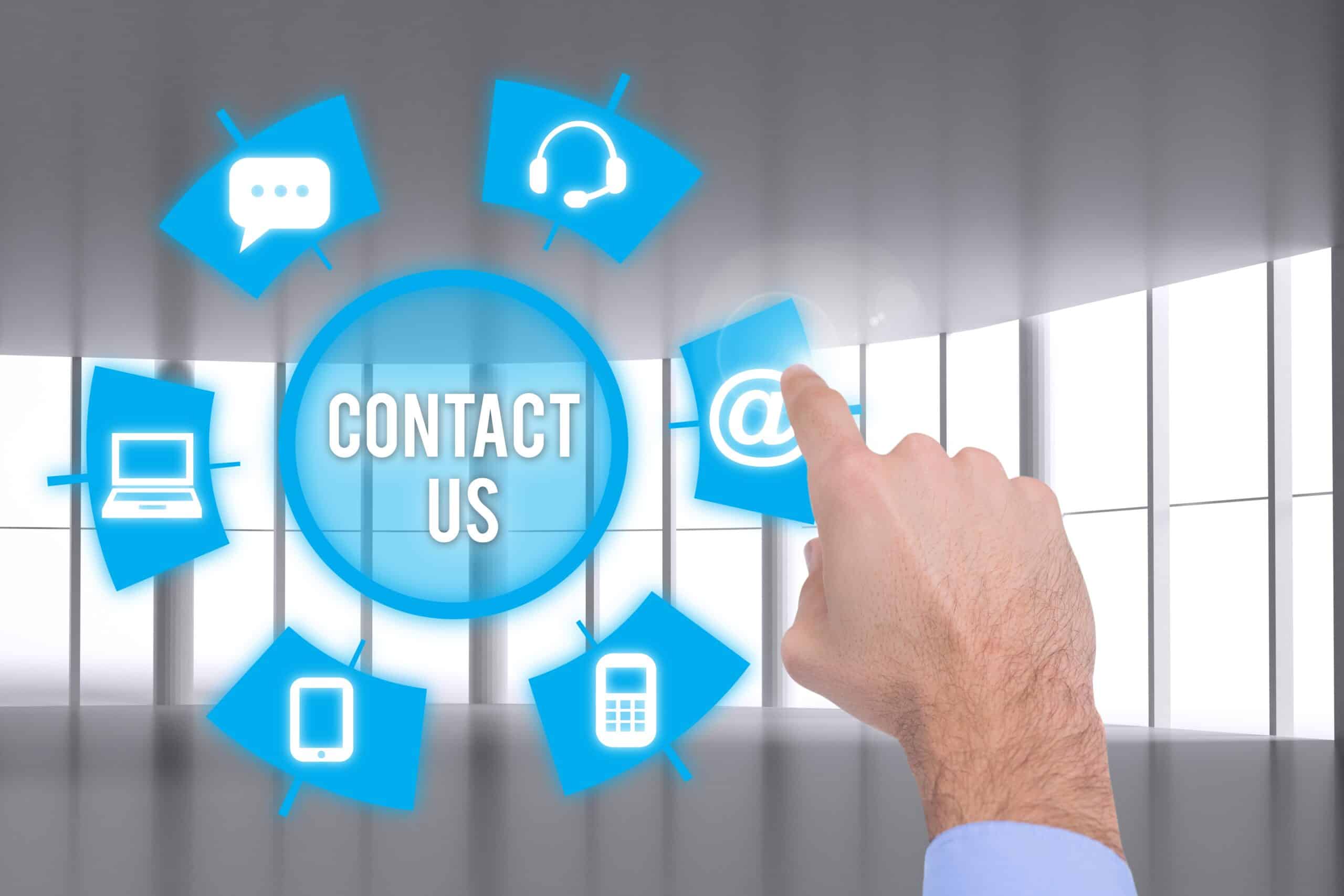 Contact Us graphic with a hand pointing to an email icon.